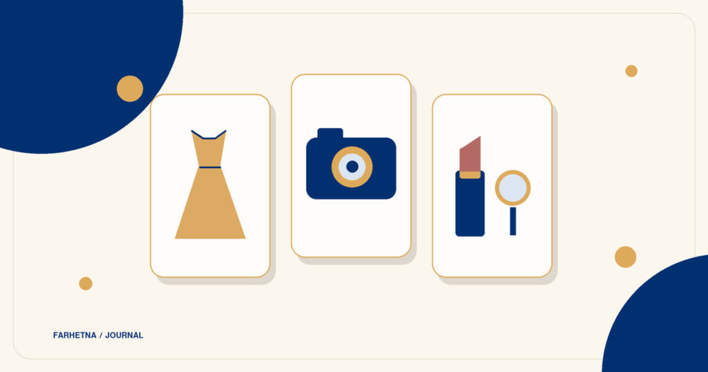 Illustrations of a wedding dress, camera and beauty tools in navy and gold